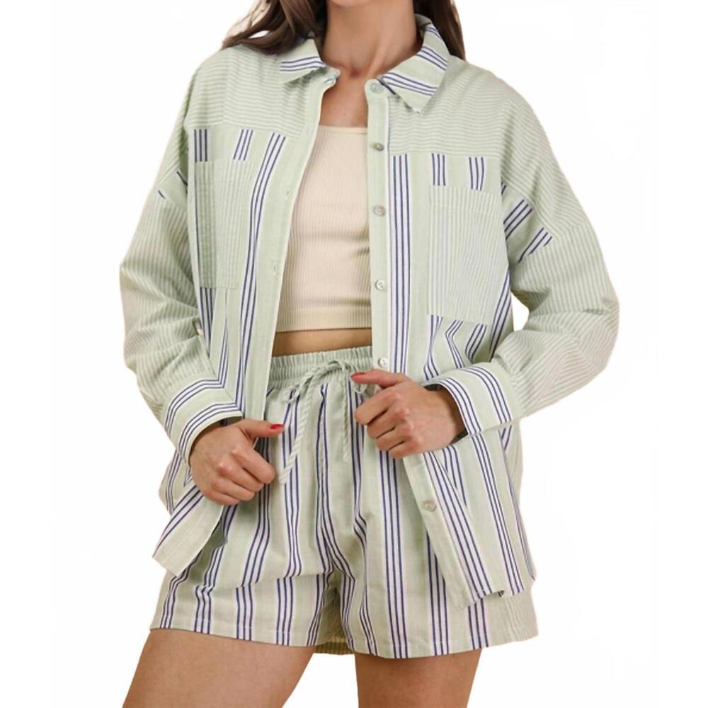 NEW VERY J stripe woven shirt and shorts set - plus in blue/sage